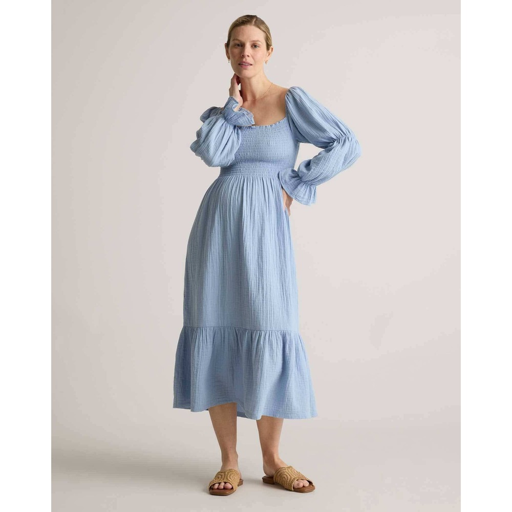 Quince Maxi Dress XL Blue Maternity Smocked Organic Cotton Gauze Puff Sleeve